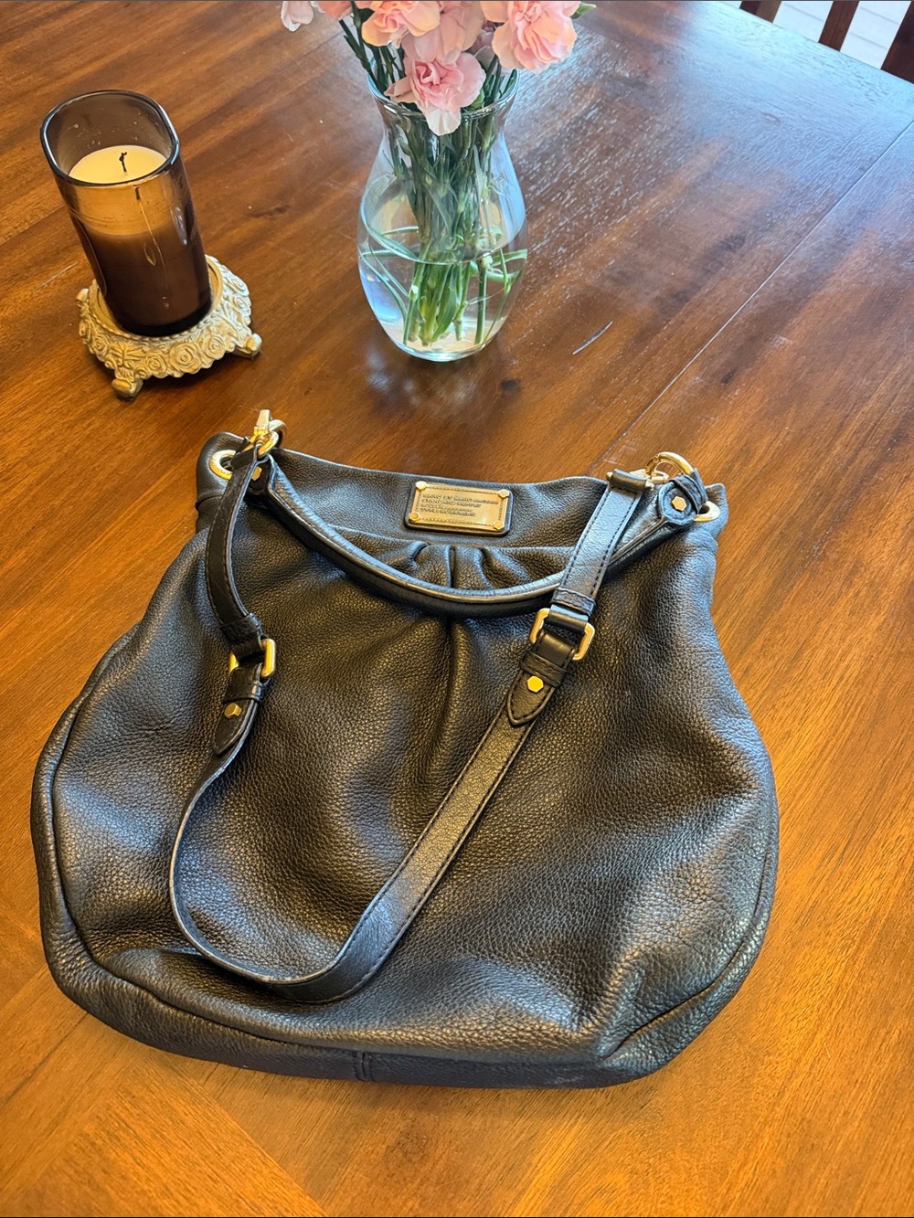 Marc by Marc Jacobs Black Pebbled Hobo Shoulder Bag with Gold Hardware